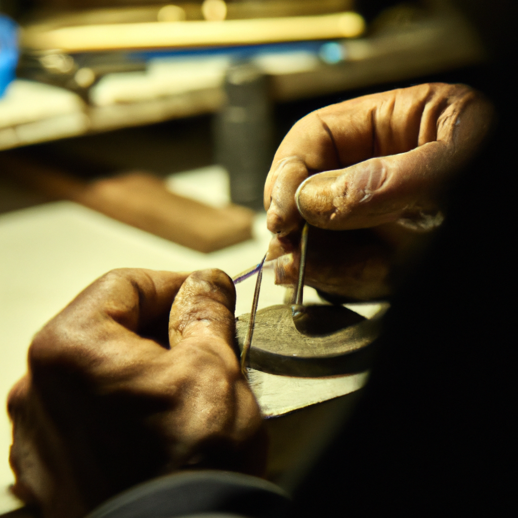 Close-up of artisan hands crafting a silver ring with precision tools in a warm studio